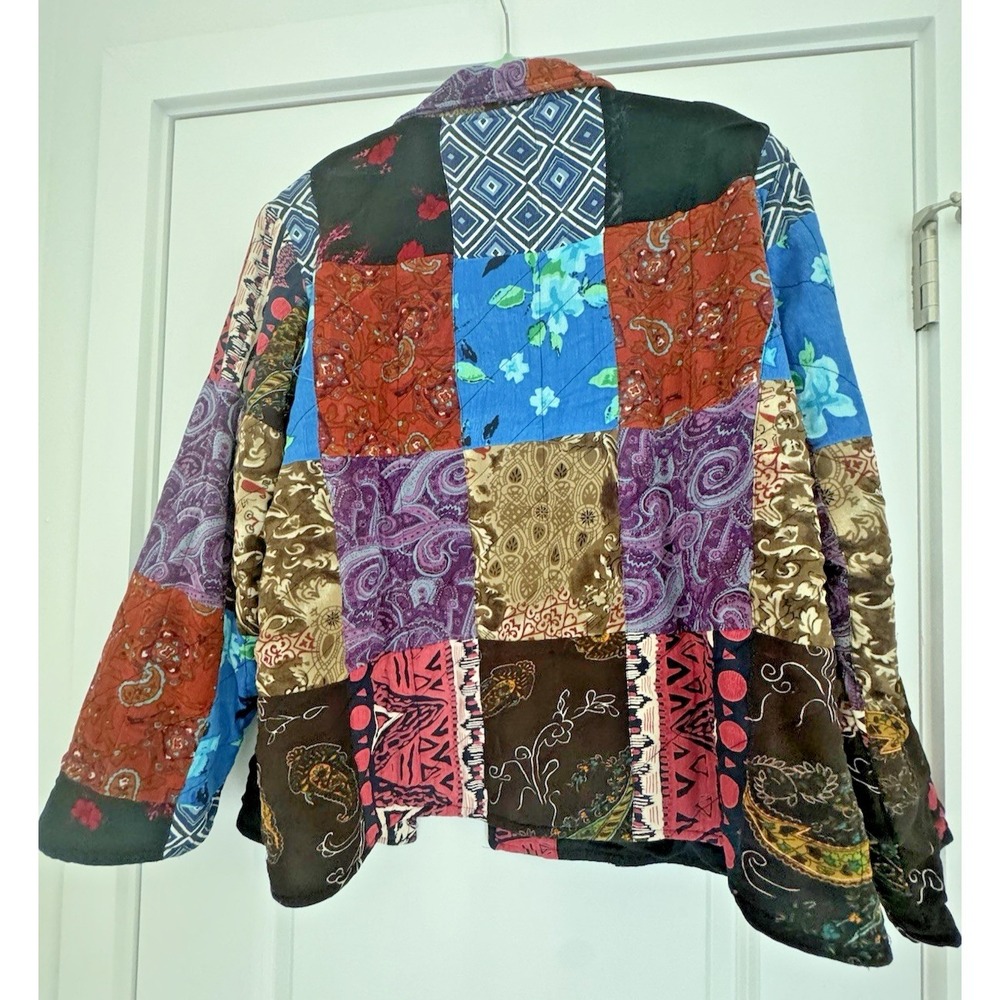 Vintage Vision by Kristin Quilted Patchwork Jacket XL Boho Artsy Rayon India - Picture 3 of 12